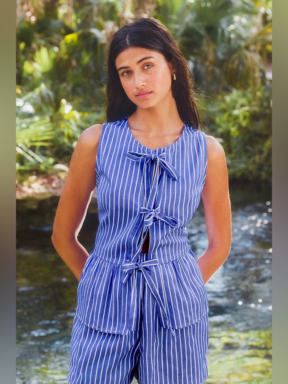 NWT Cupshe Blue Striped Peplum Top With Front Ties Size Large
